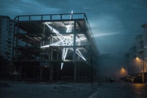 Световая звезда STAR/BUTTERWORTH в бетонном каркасе здания ночью