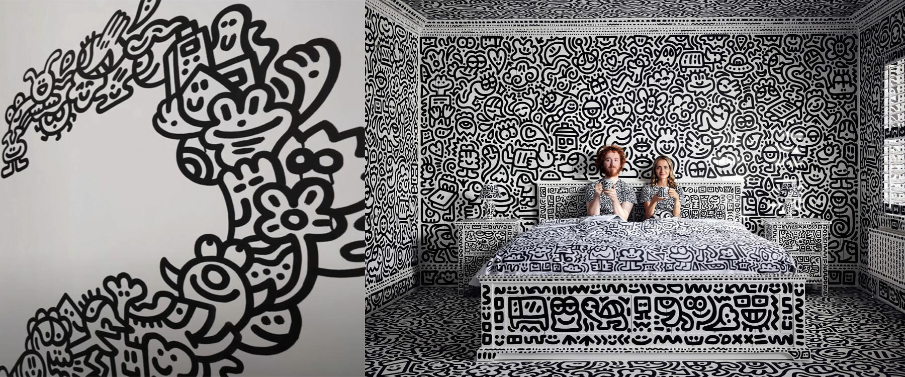 Спальня Doodle House и детали чёрно-белой росписи