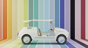Электрический Fiat 500 Spiaggina в профиль на фоне цветных полос