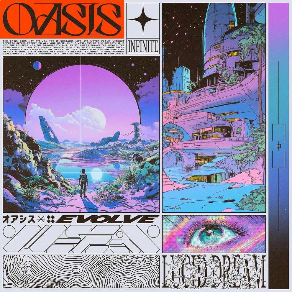 Фантастические пейзажи и цветные графические блоки в композиции Oasis